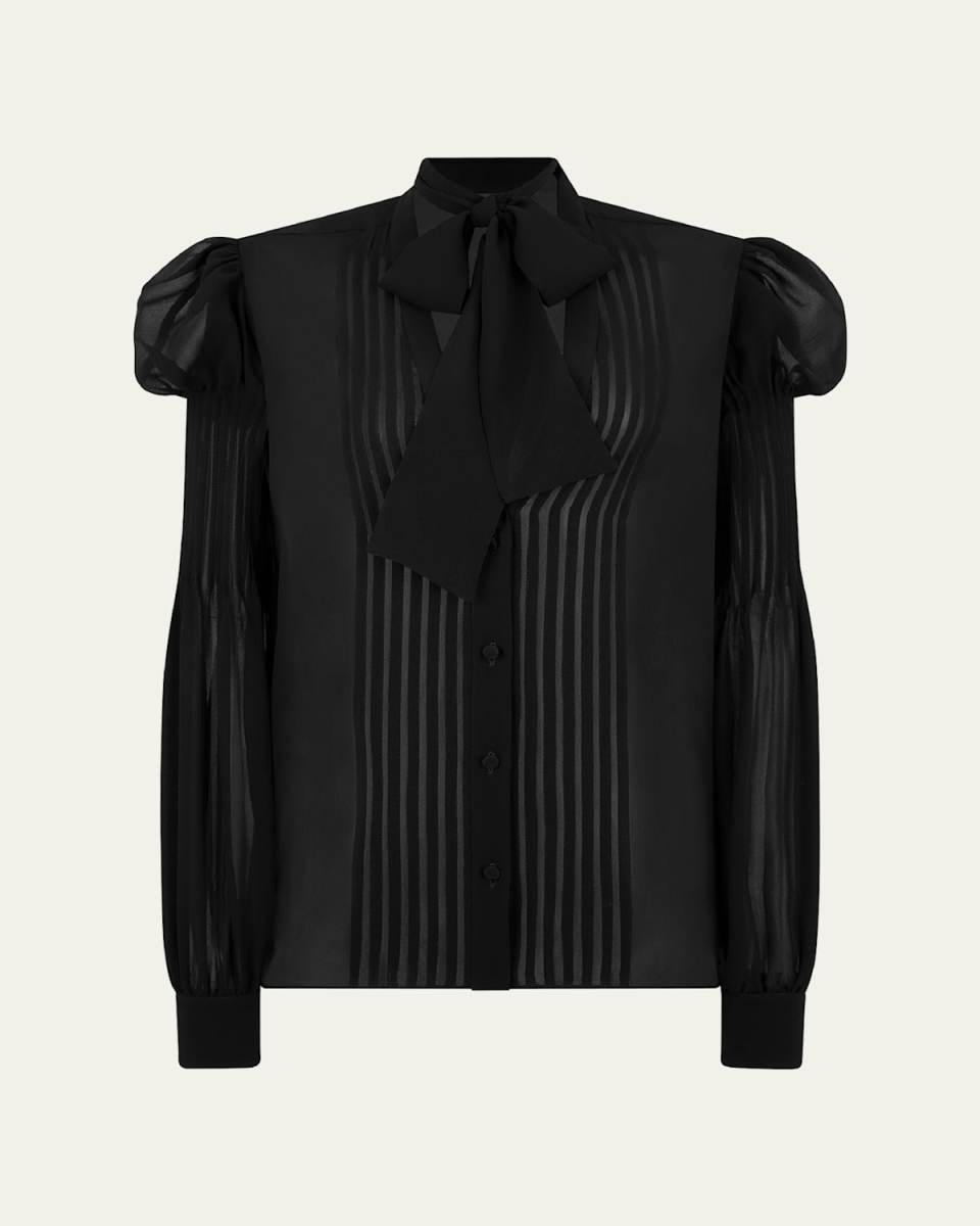 Semi-Sheer Silk Blouse with Tie Neck